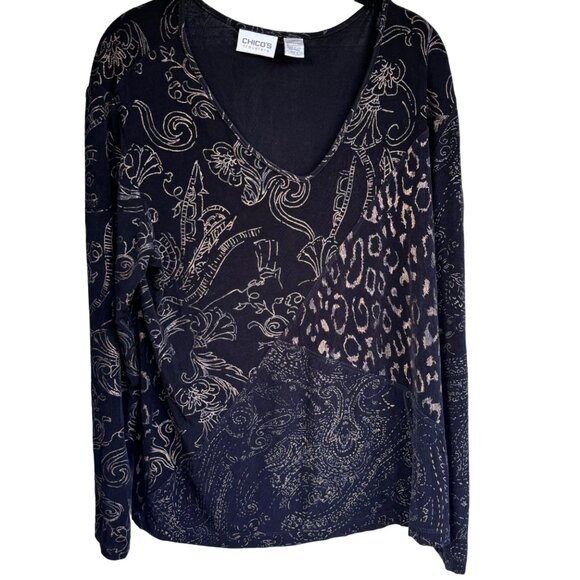 Chico's Travelers Slinky Top 3 (US XL) Black Long Sleeve Printed V-Neck  Acetate - Picture 1 of 8